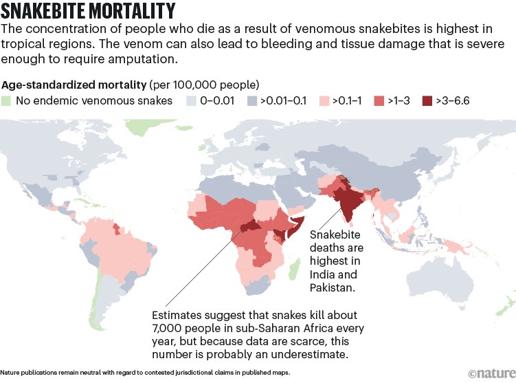 A world map shows snakebite mortality is highest in tropical regions.