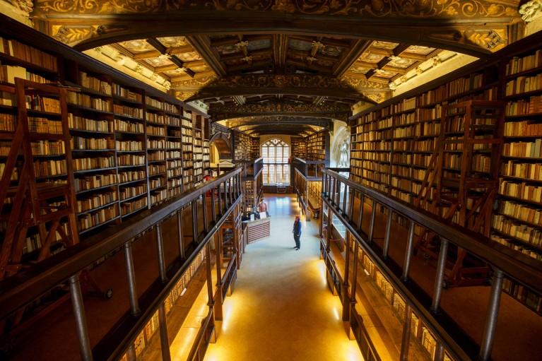 A woman wearing a face mask stands and looks up at the Duke Humphrey’s Library at the Bodleian Libraries in Oxford