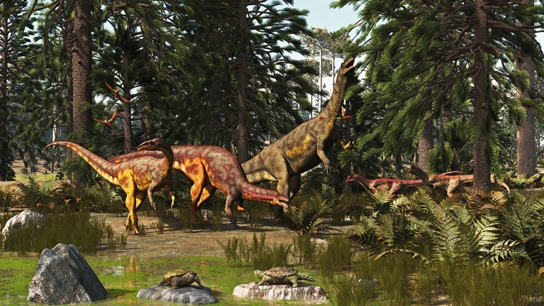 An artists impression of a late Triassic scene with Plateosaurus and Liliensternus dinosaurs.