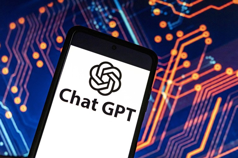 ChatGPT and OpenAI research laboratory logo and inscription on a smartphone screen with a circuitboard pattern in the background..