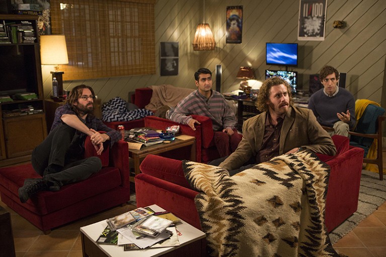 A TV still from "Silicon Valley" showing the cast sitting on sofas