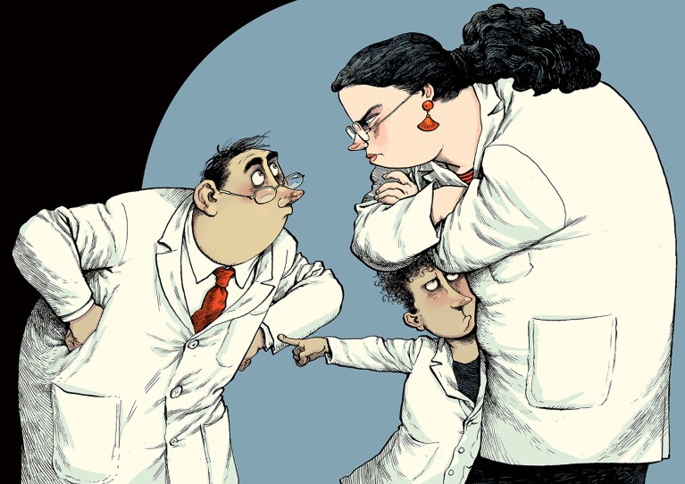 Cartoon showing three scientists in white lab jackets, glaring and pointing at one another.