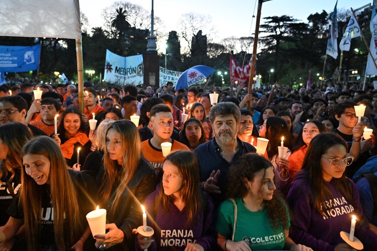 Students in Buenos Aires march against Argentine President Javier Milei's economic adjustments to the public university system.