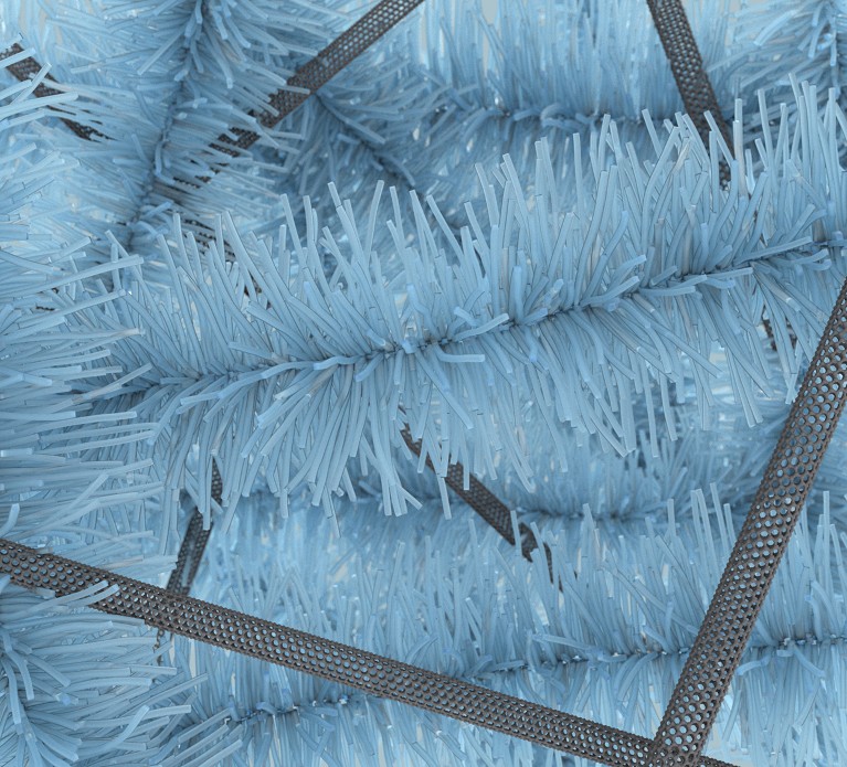 A CG illustration showing soft blue bottlebrush shapes interspersed with long grey mesh tubes