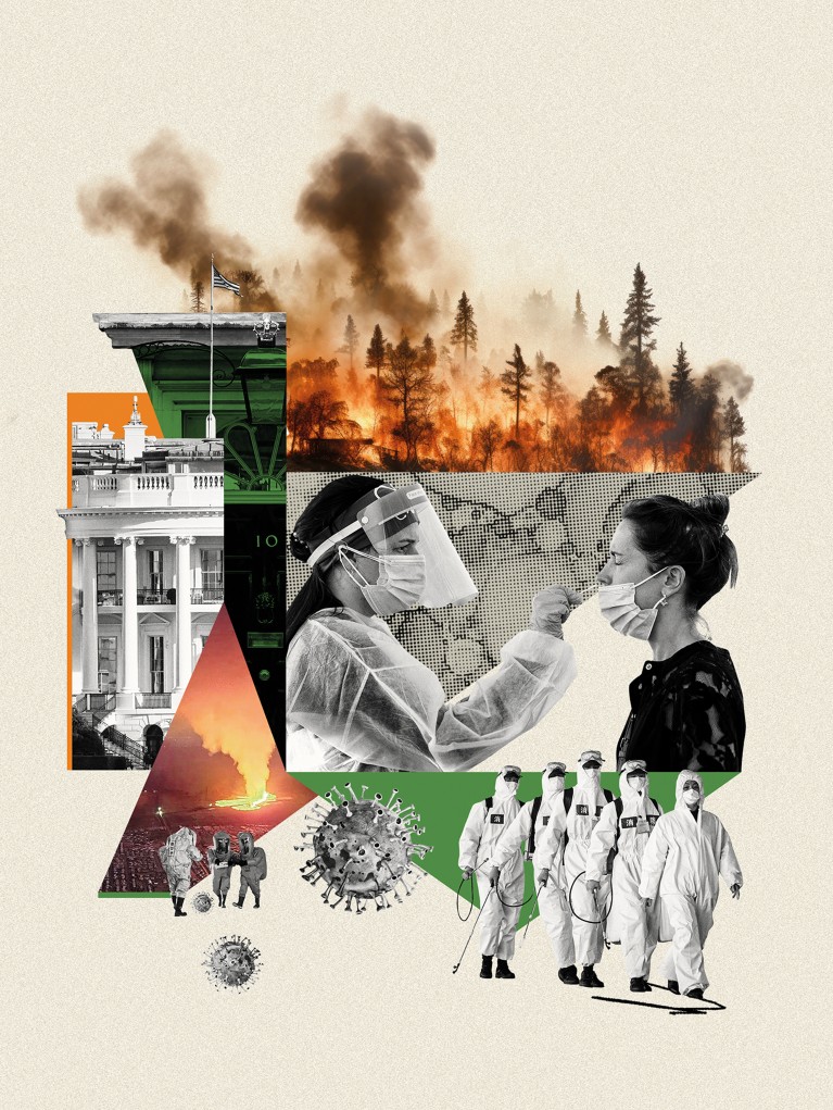 Photo illustration showing forest fires, a volcano, images from the COVID-19 pandemic and government institutions.