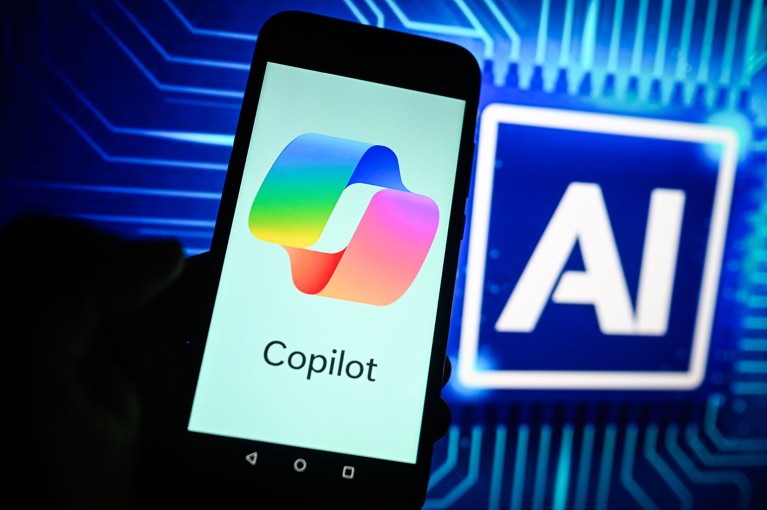 A Microsoft Copilot logo is displayed on a smartphone with an AI logo in the background.