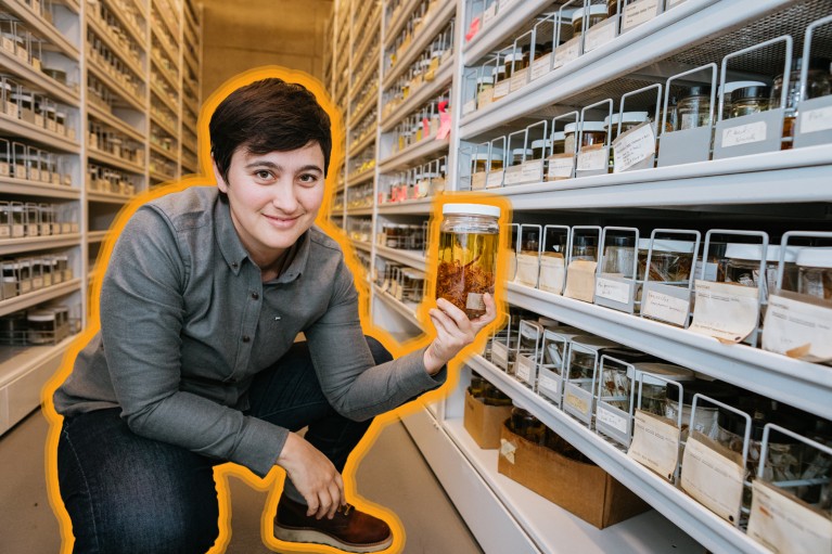 Lauren Esposito, outlined in orange, crouches while holding a jar of scorpions in the Academy Collections