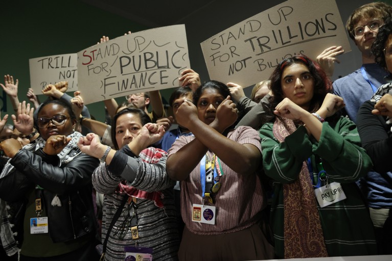 Activists protest for climate finance grants for poor countries