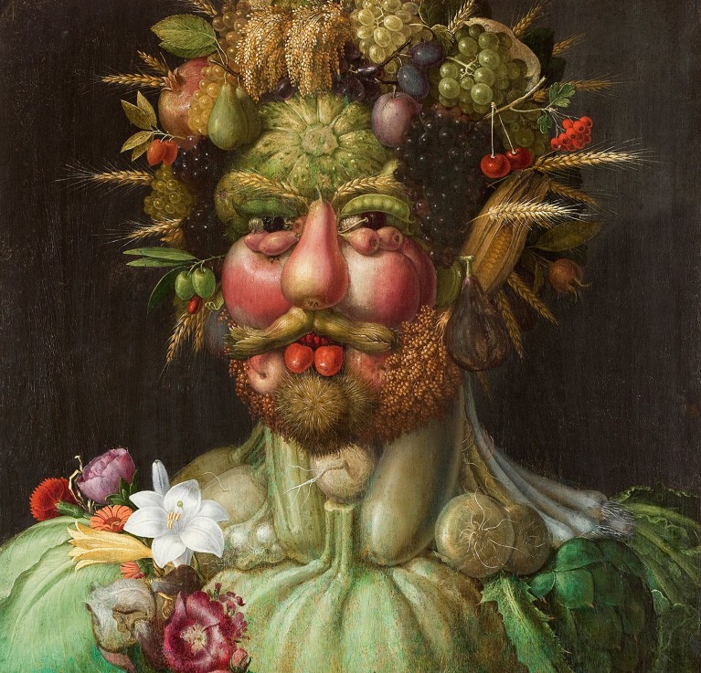 Painting of a man made of fruits and vegetables.