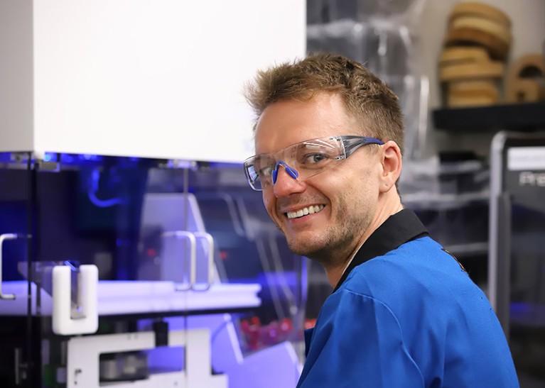 Joe Parry in the lab wearing goggles