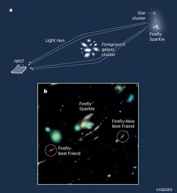 An infographic illustrating the JWST perspective and magnified view of a galaxy forming in the early Universe.