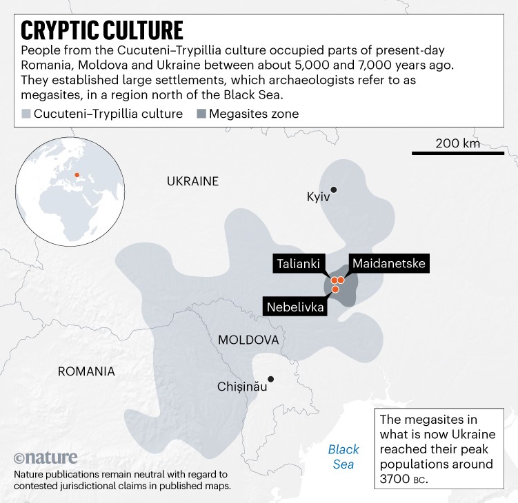 Cryptic culture: Map showing the parts of present-day Romania, Moldova and Ukraine occupied by people from the Cucuteni–Trypillia between about 5,000 and 7,000 years ago. They established large settlements, which archaeologists refer to as megasites, in a region north of the Black Sea.