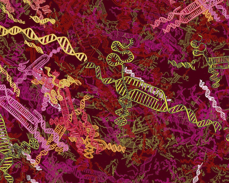 Illustrazione concettuale del complesso di editing genetico CRISPR-Cas9 che mostra RNA e DNA.