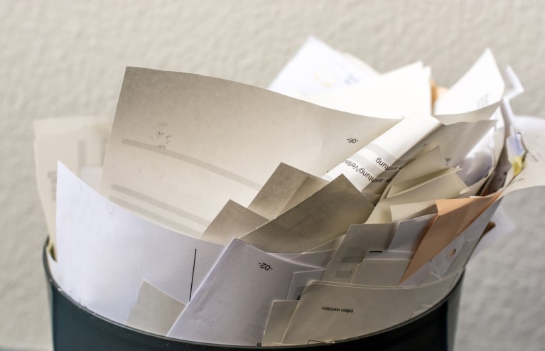 Close-up of a bin full of paper for recycling