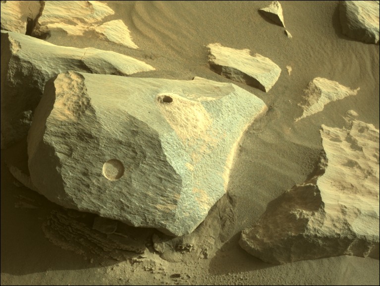 A picture taken by NASA's Mars Perseverance rover of rock samples that have been collected from the surface of Mars