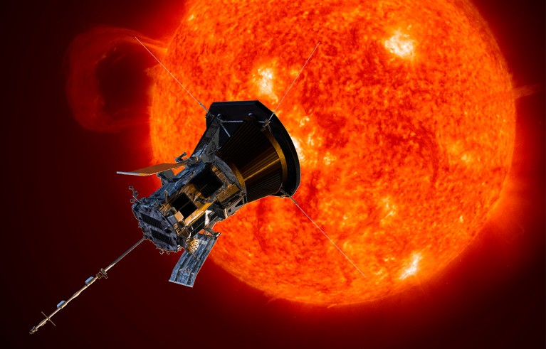 Illustrazione al computer che mostra la sonda solare Parker che entra in orbita attorno al Sole.