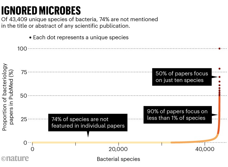 Ignored microbes: Of 43,409 unique species of bacteria, 74% are not mentioned in the title or abstract of any scientific publication. Graph showing each of the species and their corresponding proportion of bacteriology papers in PubMed.