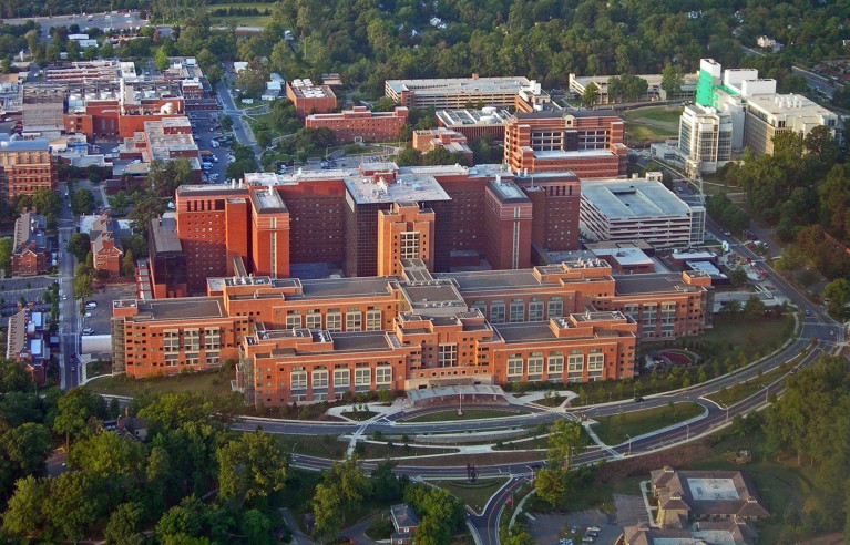 An aerial view of the NIH's Clinical Center, located on the NIH campus in Bethesda, MD.