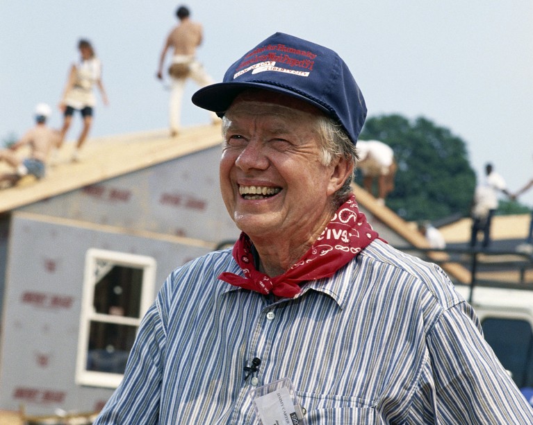 The former President of the United States, Jimmy Carter, at a construction site for Habitat for Humanity in 1992.