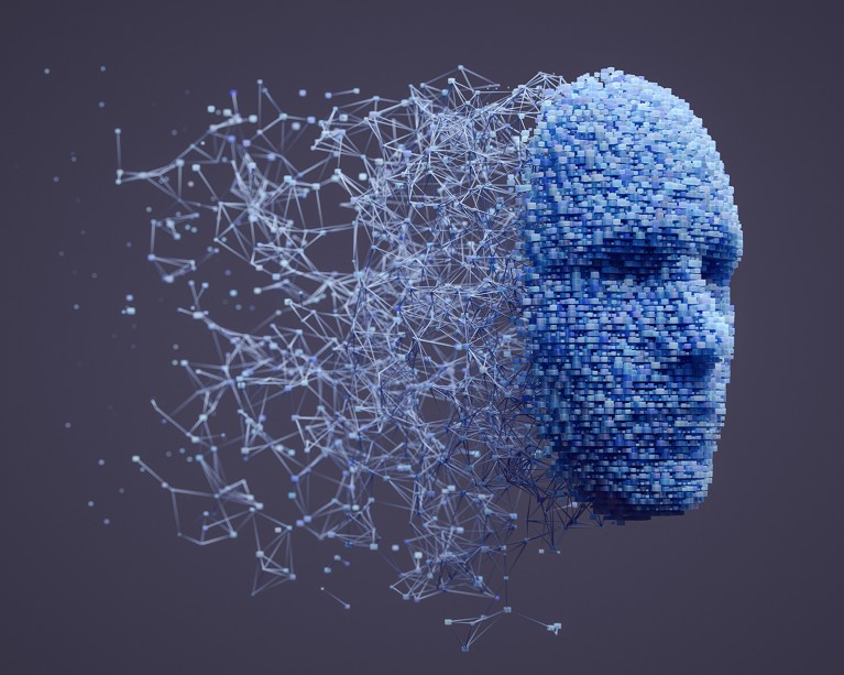 A 3-D human head made with interconnected cube shaped particles.