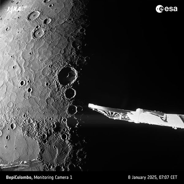 Planet Mercury in the background with its grey, cratered, pockmarked surface. In the foreground are some spacecraft parts.