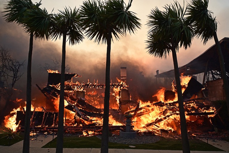 A home completely burns during the Palisades Fire in Pacific Palisades, California, U.S.