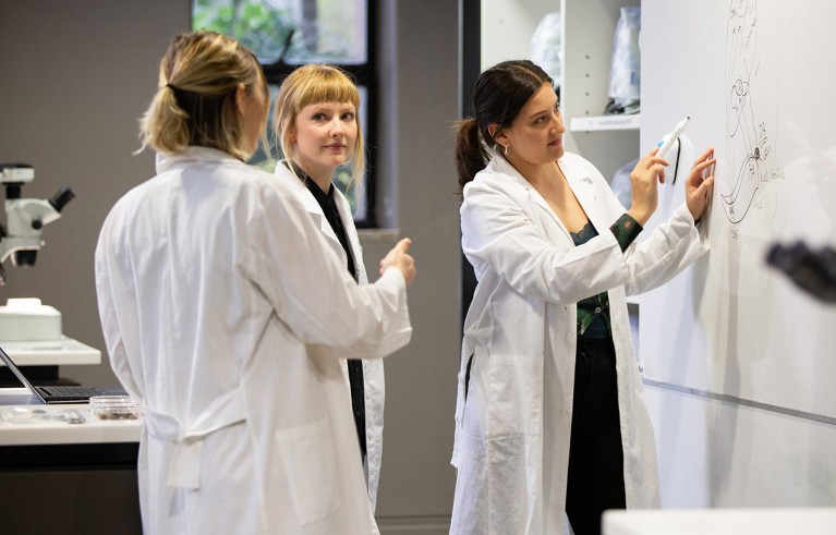 A group of female researchers working collaboratively on a whiteboard in a laboratory.