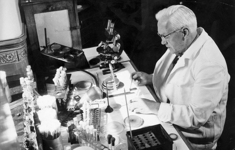 Sir Alexander Fleming at work in his laboratory in the Wright-Fleming Institute in 1954.