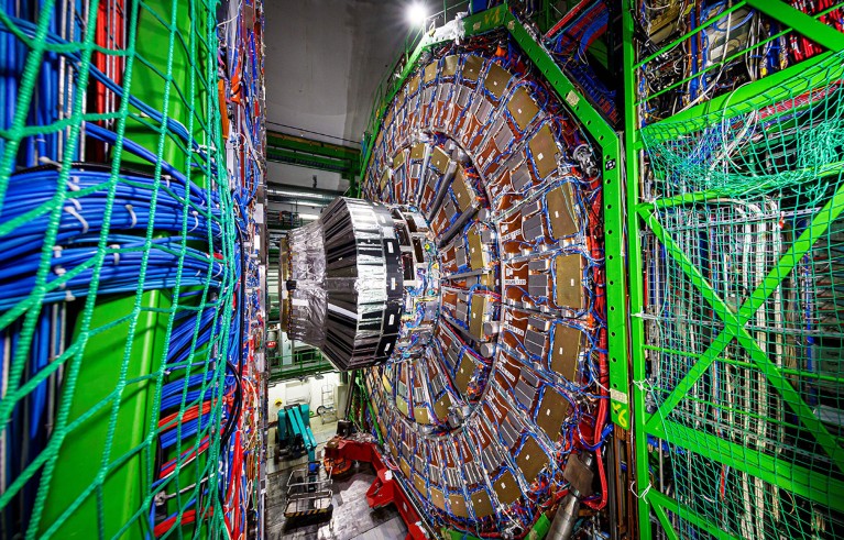 The CMS detector assembly is pictured in a tunnel of the Large Hadron Collider at CERN.