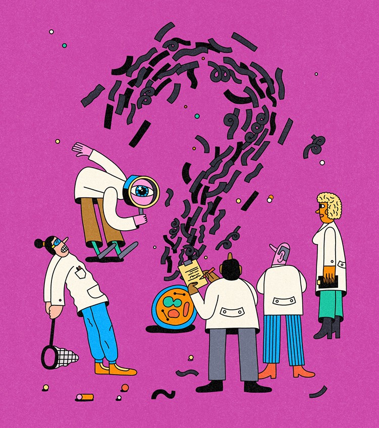 Cartoon showing a group of scientists examining a cell with a large question mark made from dark coloured proteins emerging from it.