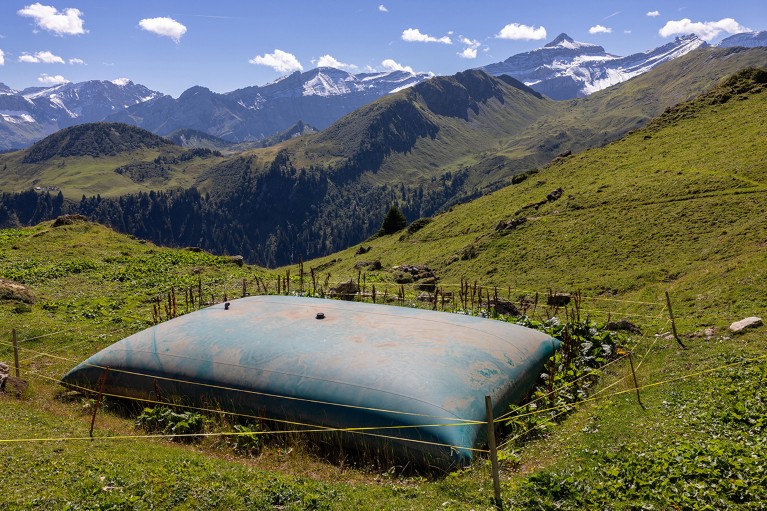 A water bladder is installed at an Alpine dairy farm to cope with more frequent droughts, near L'Etivaz, Switzerland.