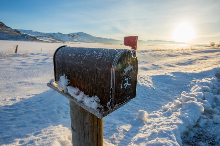 A mailbox on a wooden post covered in frost and snow in a snow-covered rural landscape with mountains and the sun low in the sky