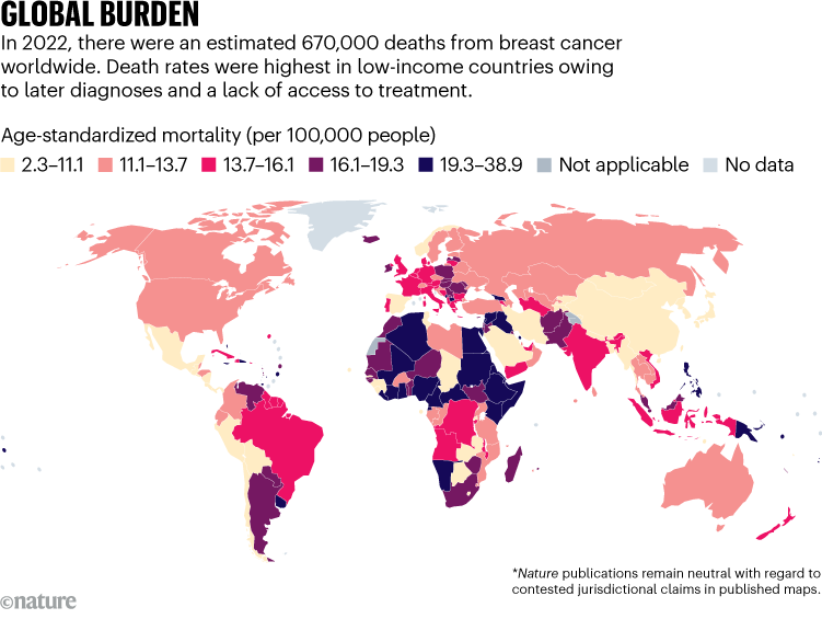 GLOBAL BURDEN. Map shows age-standardized mortality rates for breast cancer worldwide.