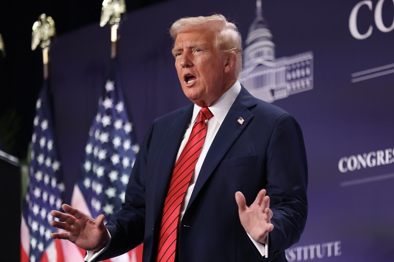 U.S. President Donald Trump addresses the 2025 Republican Issues Conference on January 27, 2025 in Doral, Florida.