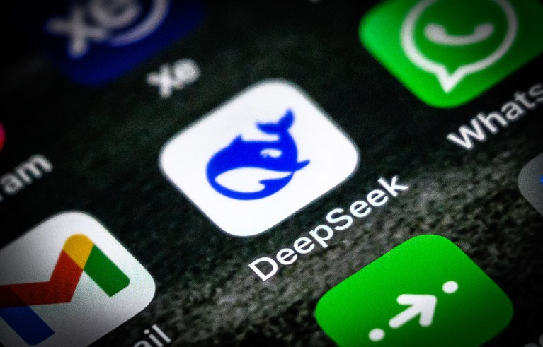 Close up view of the DeepSeek app icon displayed on a smartphone screen.