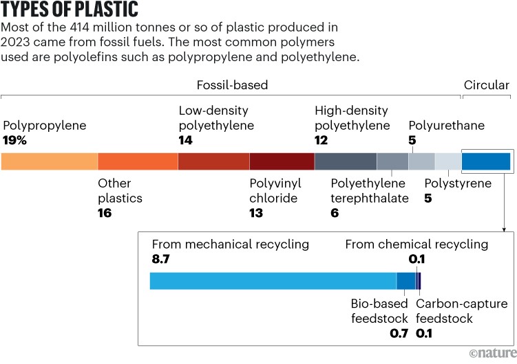 TYPES OF PLASTIC: Graph that shows the sources of plastic produced in 2023, the majority of which comes from fossil fuels.