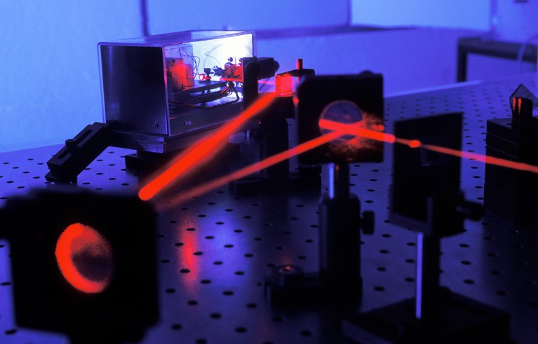 Quantum entanglement experiment. Lasers being used in an experiment to demonstrate the breakdown of causality in quantum physics.