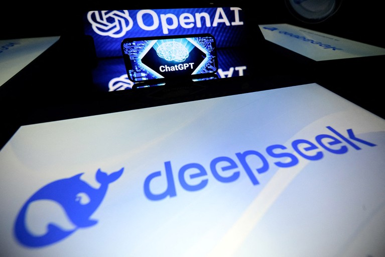 View of multiple screens displaying the logo of DeepSeek and the logo of OpenAI's artificial intelligence chatbot ChatGPT.