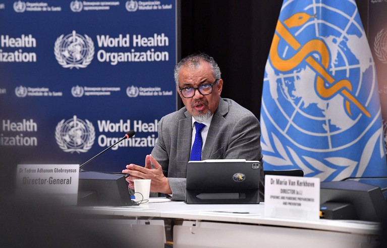 Tedros Adhanom Ghebreyesus speaks during a press briefing at the WHO headquarters in Geneva, Switzerland.