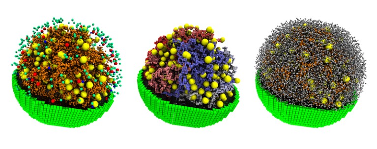 Trittico di tre modelli generati dal computer della cellula minima sintetica, JCVI-SYN3A, ognuno mostra caratteristiche diverse della struttura sferica della cella rappresentata da forme 3D di colore diverso