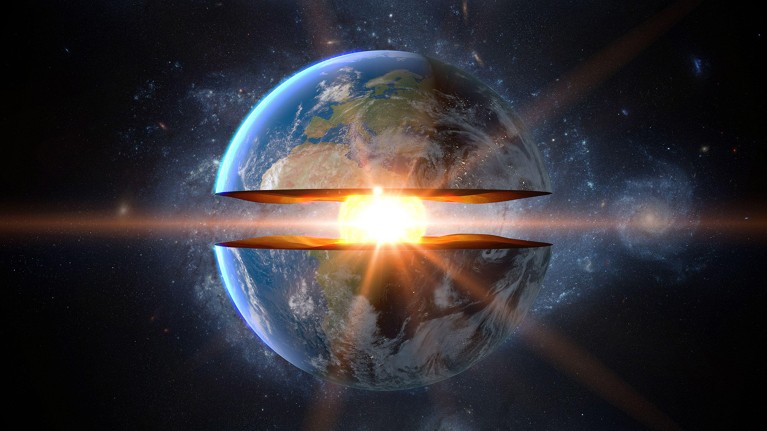 A 3d rendering of the Earth's core showing inner structure with geological layers.