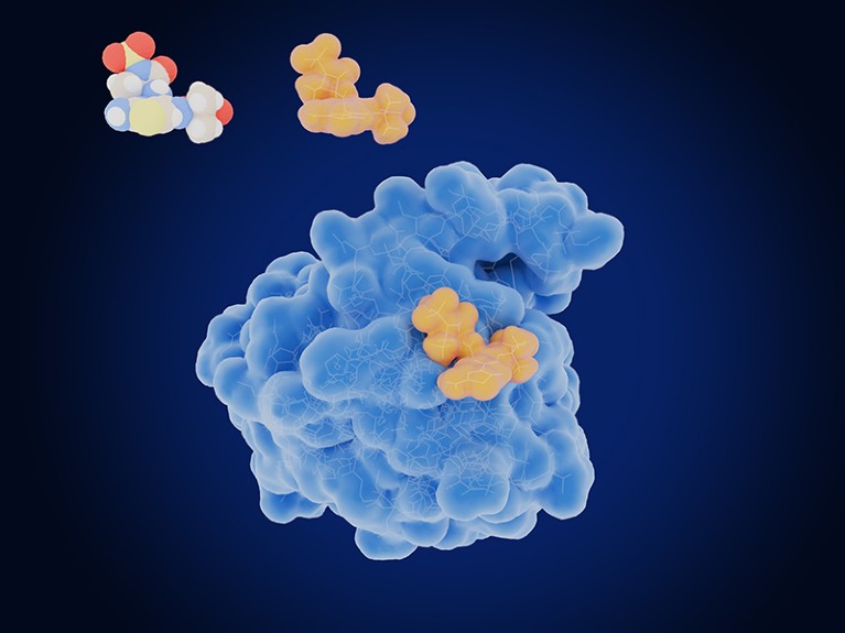 Light blue molecule against a dark blue background. A small orange molecule is present on the light blue molecule. Two small molecules in top left-hand corner