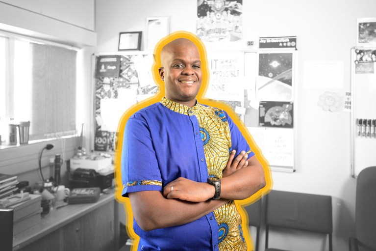 A portrait of Vukosi Marivate highlighted in a dark yellow outline with the background desaturated