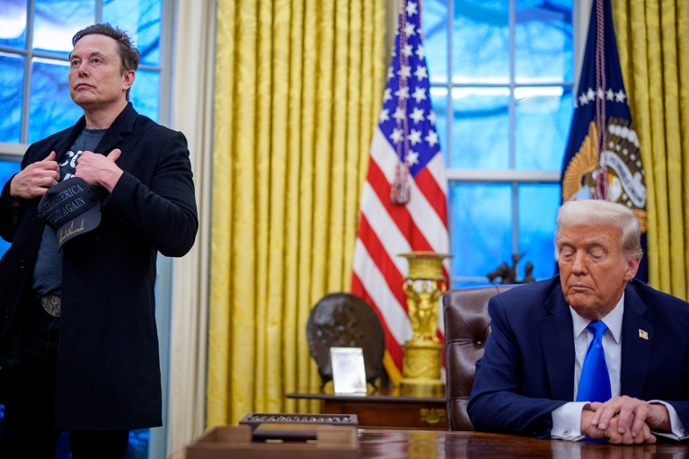 Elon Musk and U.S. President Donald Trump in the Oval Office of the White House.