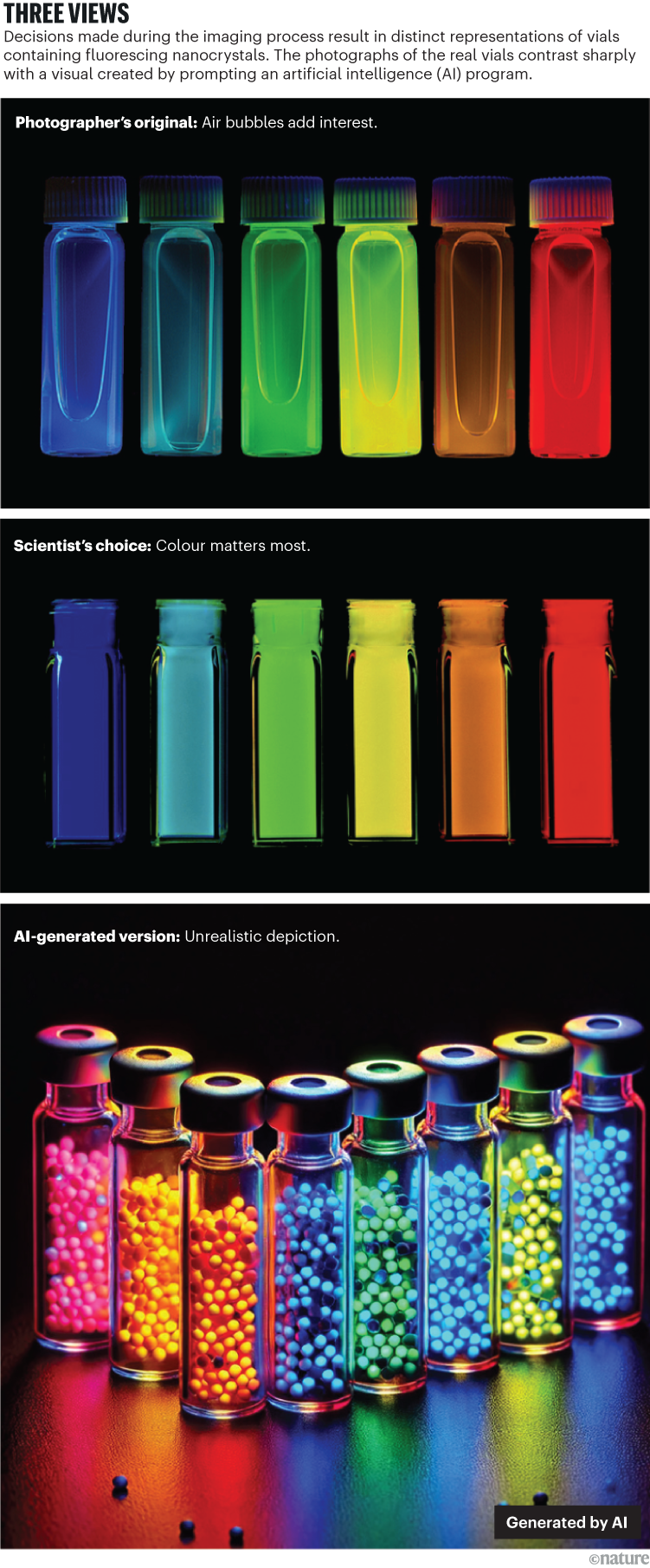 Three views. A triptych of images showing different vials. Image one is the photographers image and shows bubbles in the vials, the second image is the scientists favourite and is flat colour and the third is AI generated and shows unrealistic detail.