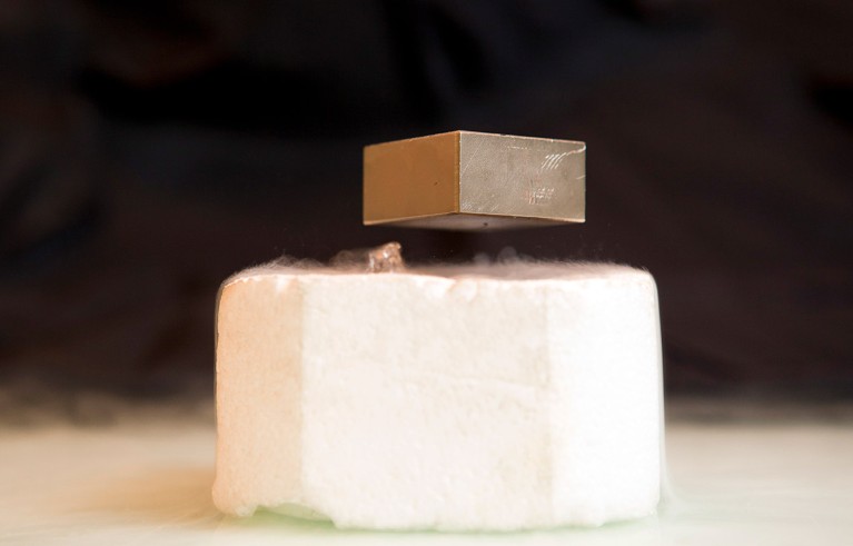 Close up on a levitating superconducting magnet.