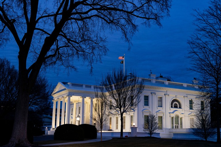 A general view of The White House, illuminated during late evening