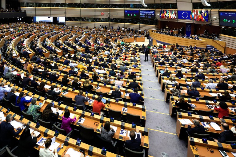 Vista membro dei partecipanti al Parlamento europeo in una serie di voti a Bruxelles, Belgio, 2024.