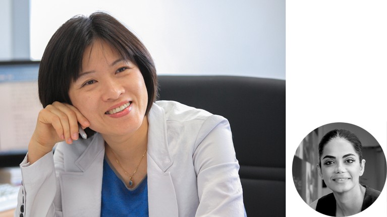 Composite of two images, one large image of Yoon-Kyoung Cho sitting at a desk, and a small circular cropped black and white portrait of Kiana Aran