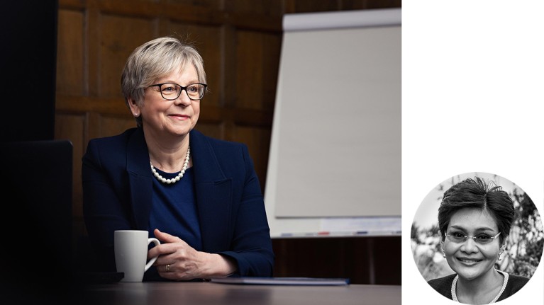 Composite of two images, one large image Sharon Peacock sitting at a table holding a mug, and a small circular cropped black and white portrait of Claire Chewapreecha